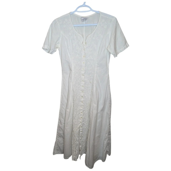 Vintage Dresses & Skirts - Vintage 90s Styleworks White 100% Cotton Embroidered Detail Button Front Dress 6